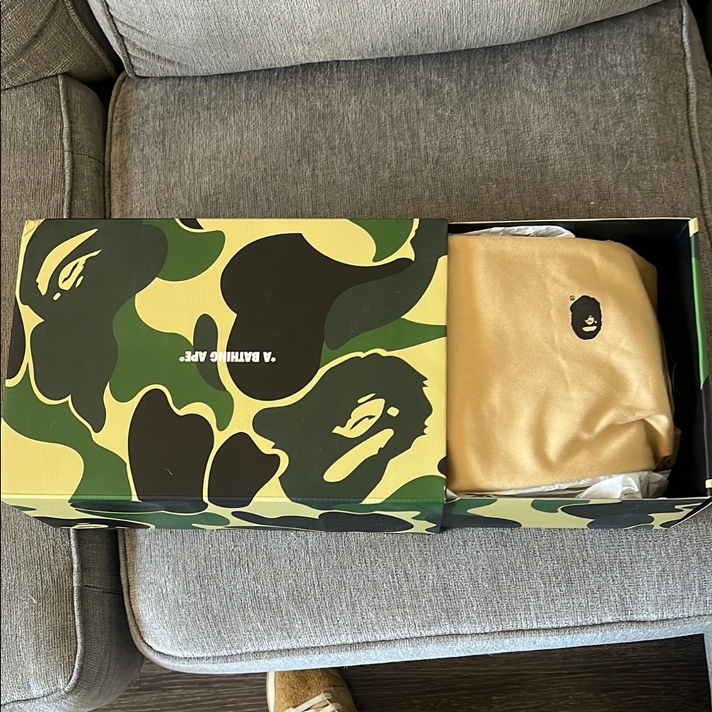 A Bathing Ape Camo Box with Gold Bag